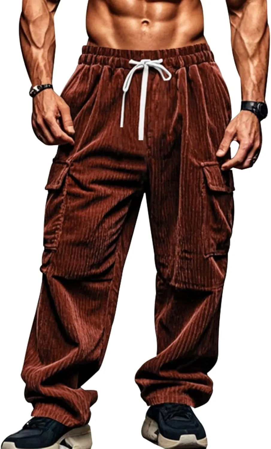 Mens Corduroy Cargo Pants Relaxed Fit Joggers Breathable Beach Pants Lightweight Elastic Drawstring Sweatpants Comfy
