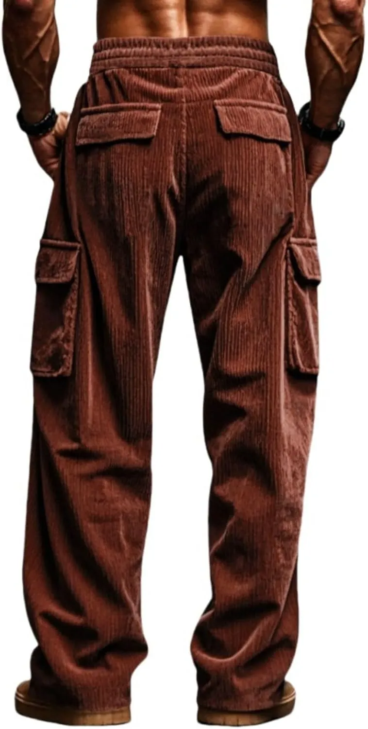 Mens Corduroy Cargo Pants Relaxed Fit Joggers Breathable Beach Pants Lightweight Elastic Drawstring Sweatpants Comfy