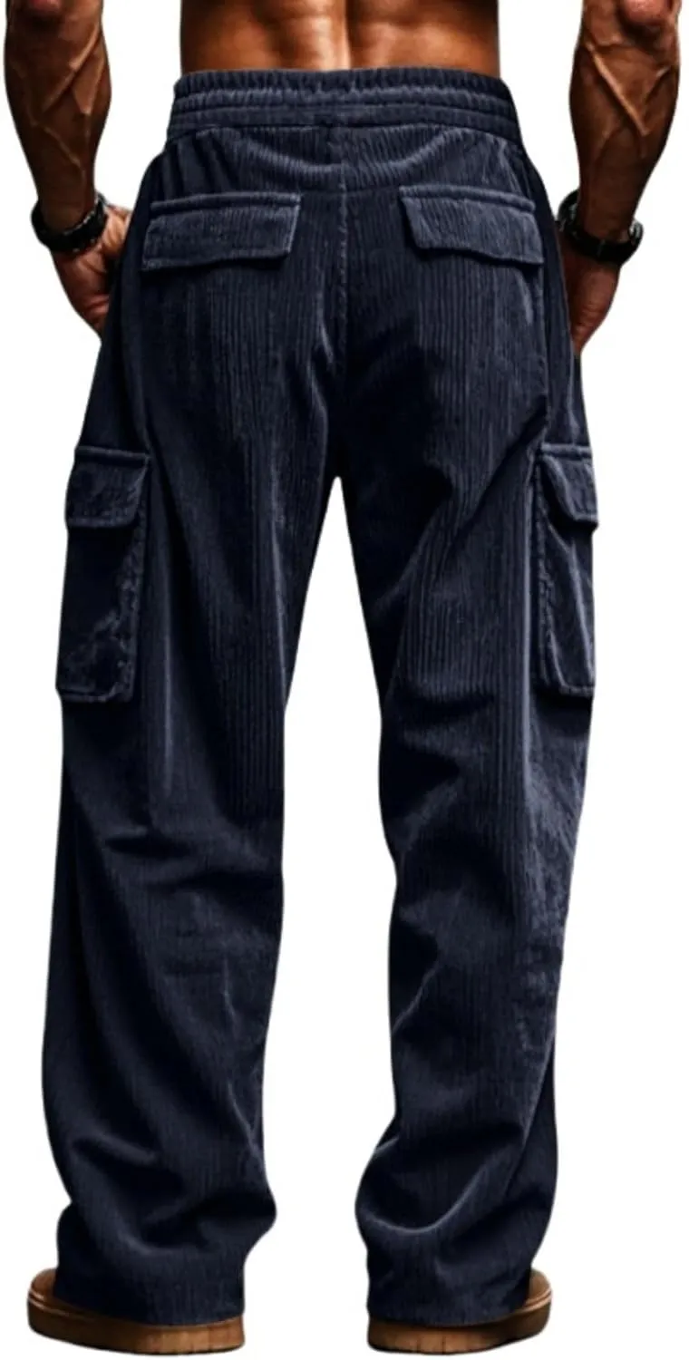 Mens Corduroy Cargo Pants Relaxed Fit Joggers Breathable Beach Pants Lightweight Elastic Drawstring Sweatpants Comfy