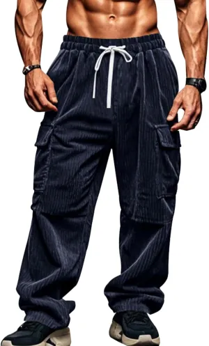 Mens Corduroy Cargo Pants Relaxed Fit Joggers Breathable Beach Pants Lightweight Elastic Drawstring Sweatpants Comfy