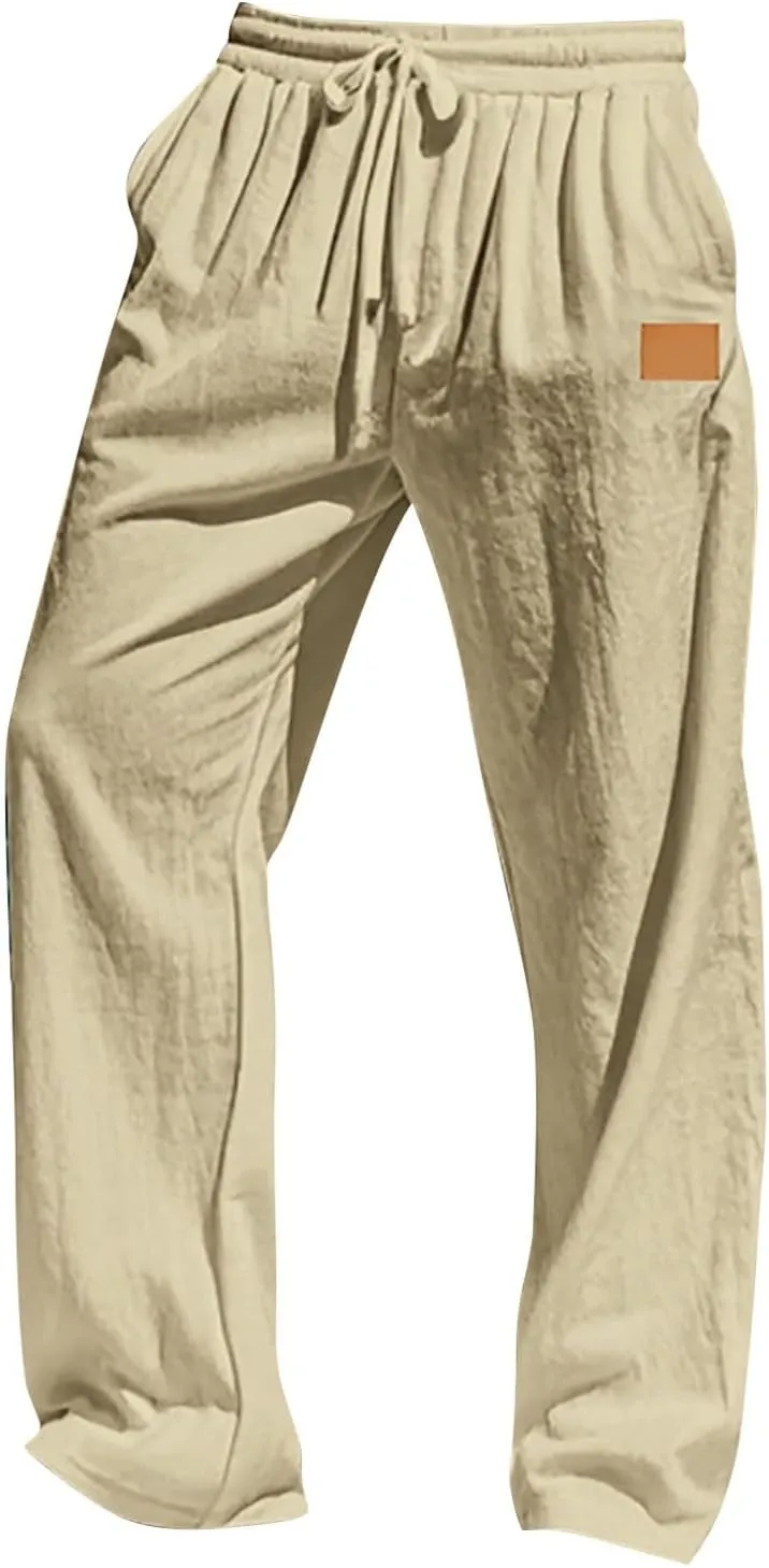 Mens Linen Pants Summer 2025 Loose Fit Work Elastic-Waisted Trendy Pants Travel Relax Fit Comfort Basic Outfits