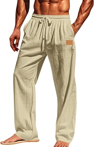 Mens Linen Pants Summer 2025 Loose Fit Work Elastic-Waisted Trendy Pants Travel Relax Fit Comfort Basic Outfits