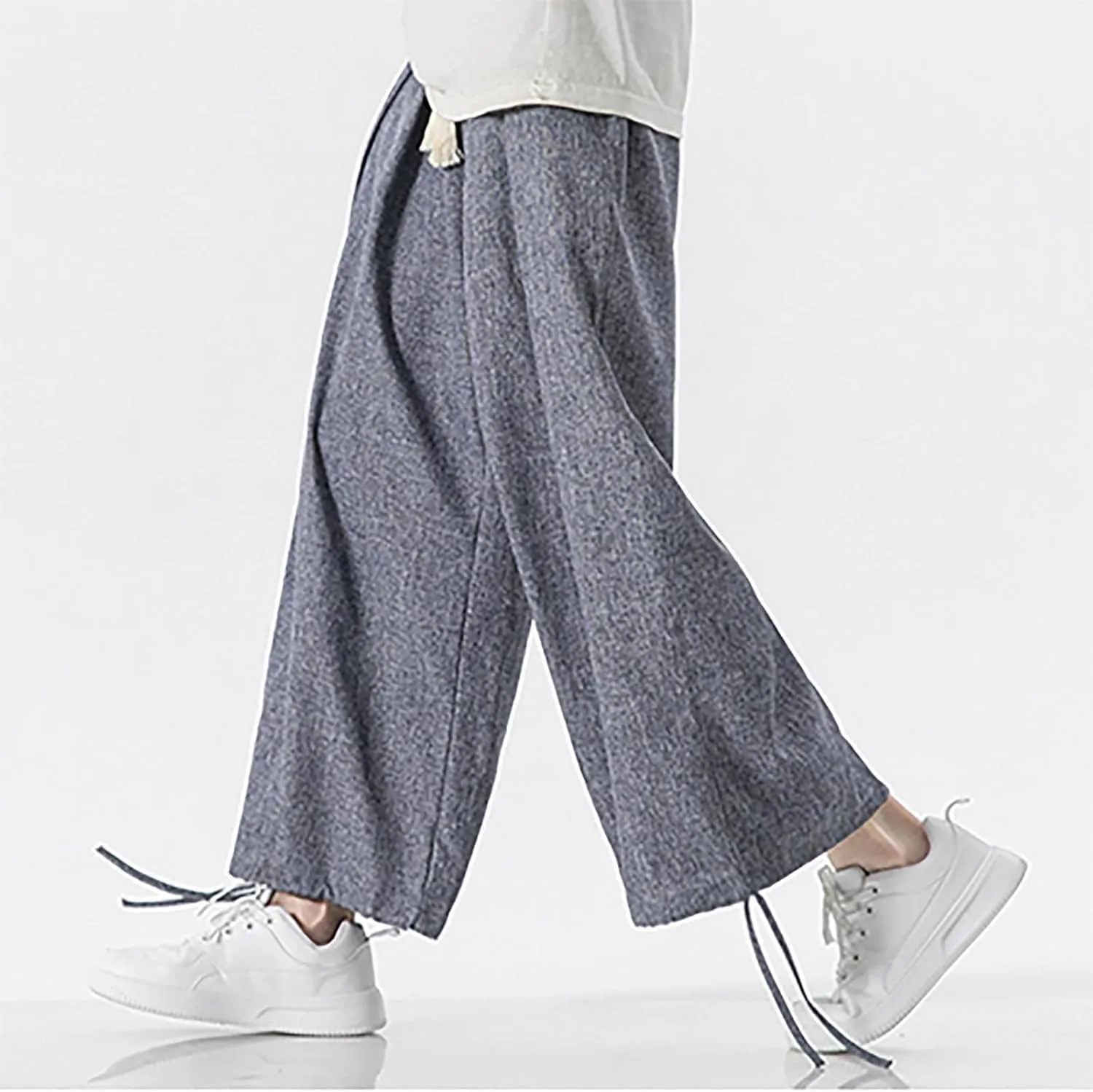 Men's Pants Casual Relaxed Fit Cotton Linen Pants Wide Leg Drawstring Adjustable Cinch Bottom Lounge Summer Trousers
