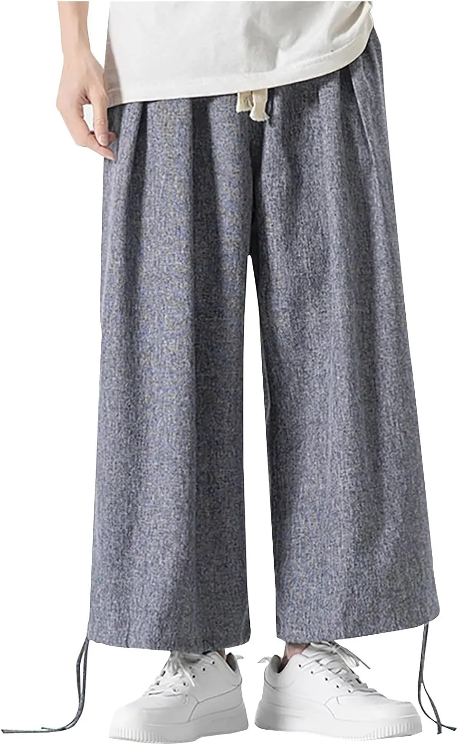 Men's Pants Casual Relaxed Fit Cotton Linen Pants Wide Leg Drawstring Adjustable Cinch Bottom Lounge Summer Trousers