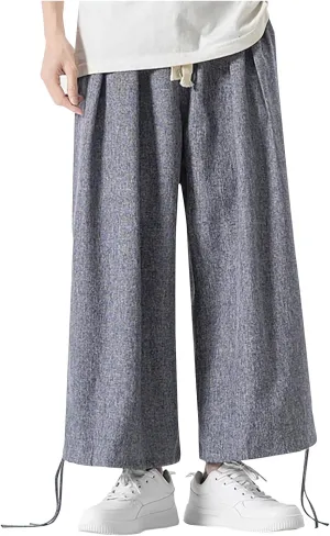 Men's Pants Casual Relaxed Fit Cotton Linen Pants Wide Leg Drawstring Adjustable Cinch Bottom Lounge Summer Trousers
