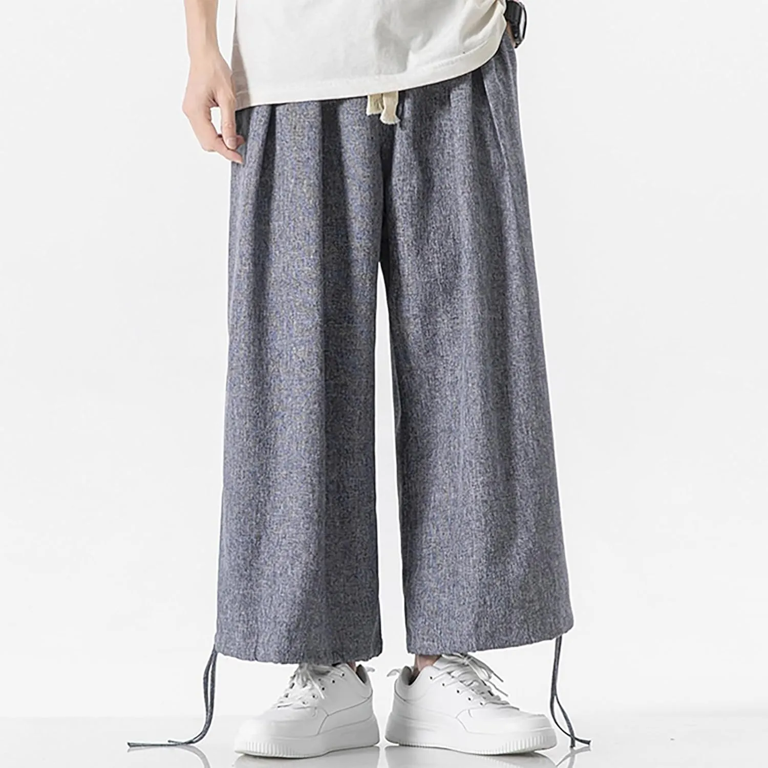 Men's Pants Casual Relaxed Fit Cotton Linen Pants Wide Leg Drawstring Adjustable Cinch Bottom Lounge Summer Trousers