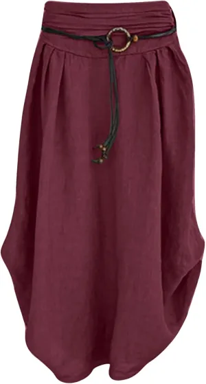 NaRHbrg Women's Cotton Linen Skirts Ladies Fashion Casual Loose Maxi Dress Asymmetrical Hem Sashes Mid-Calf Skirt Wine