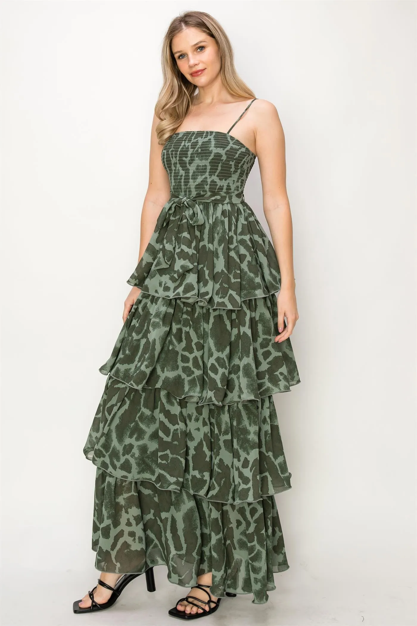 ONE THE LAND Leopard Print Sleeveless Smocked Tiered Maxi Dress In Green