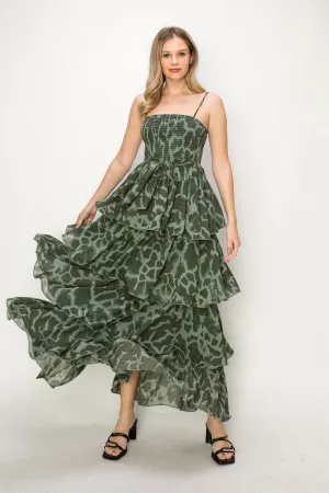 ONE THE LAND Leopard Print Sleeveless Smocked Tiered Maxi Dress In Green