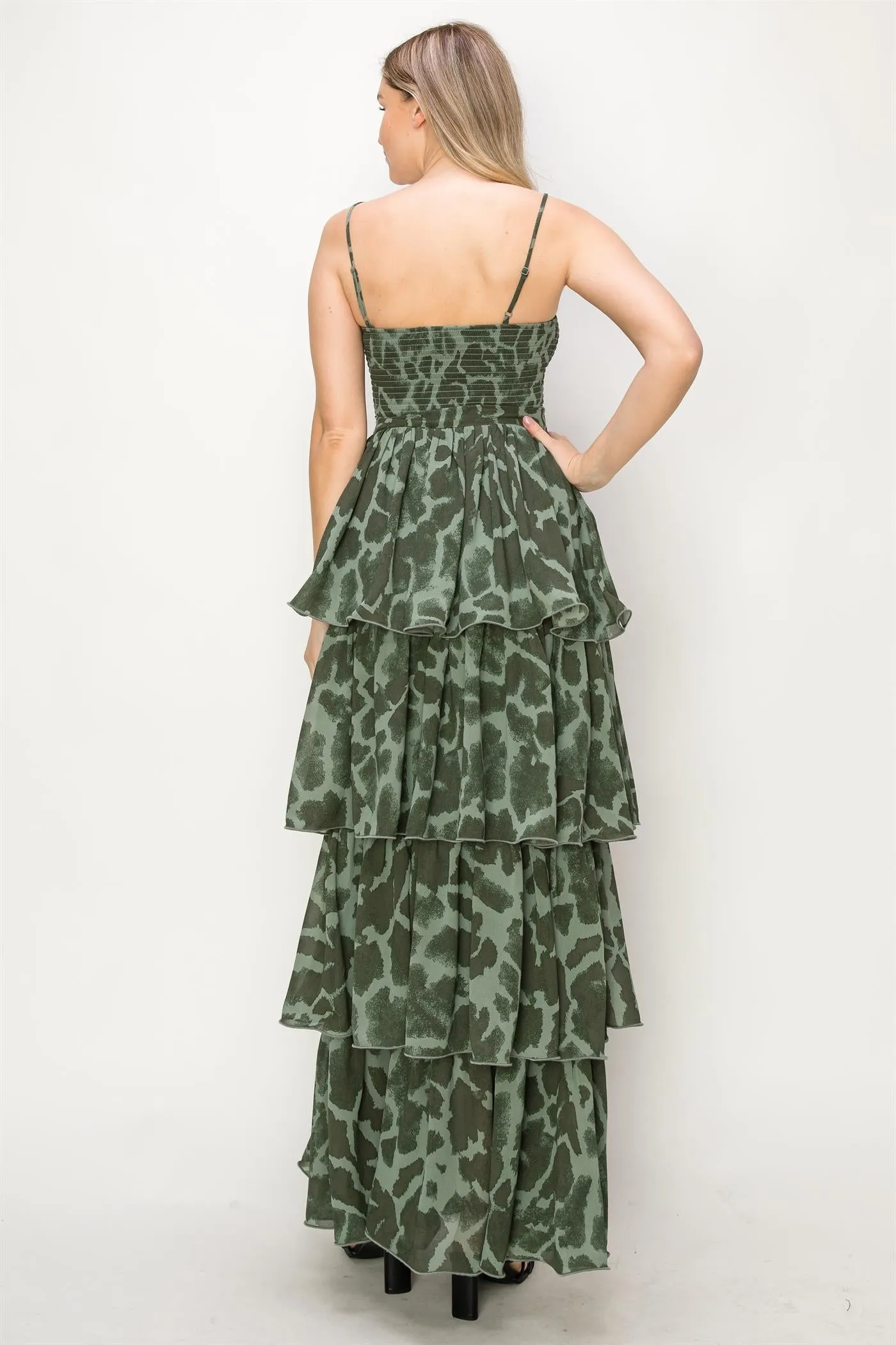 ONE THE LAND Leopard Print Sleeveless Smocked Tiered Maxi Dress In Green
