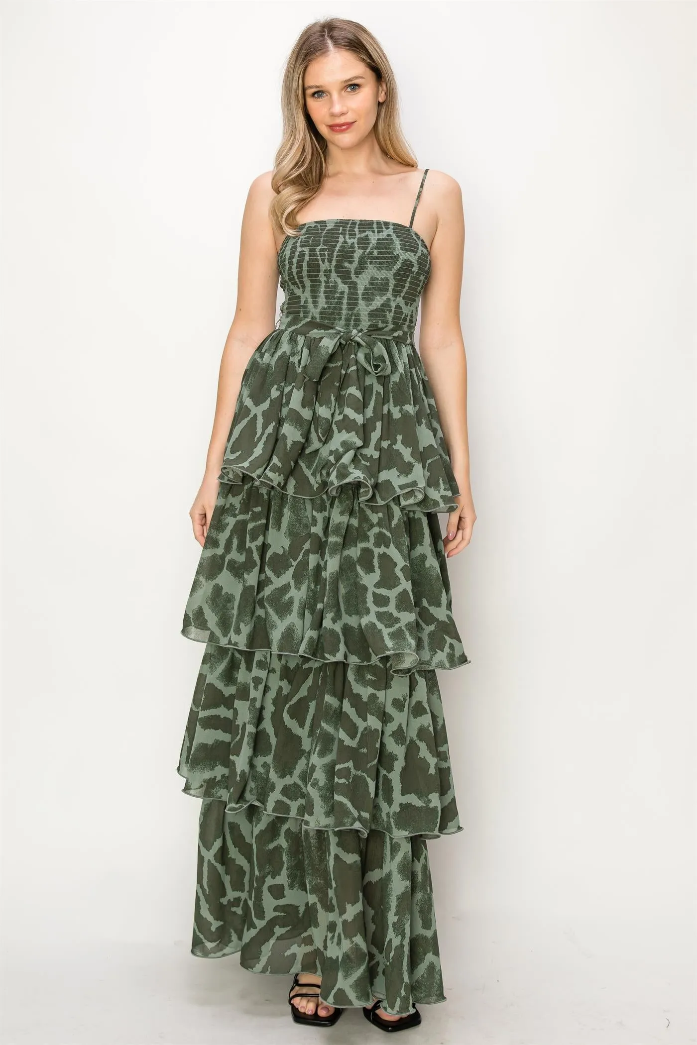 ONE THE LAND Leopard Print Sleeveless Smocked Tiered Maxi Dress In Green