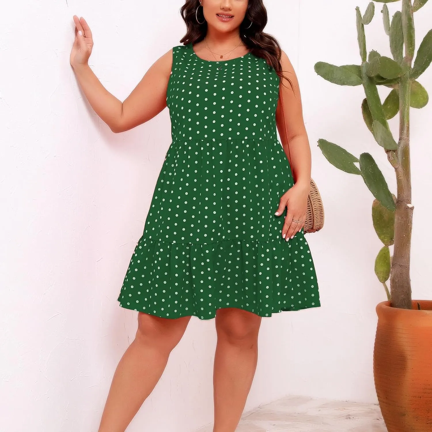 Peplum Dresses for Women Summer Sleeveless Crew Neck Mini Sundress Vintage Polka Dots Print A-Line Flowy Beach Dress