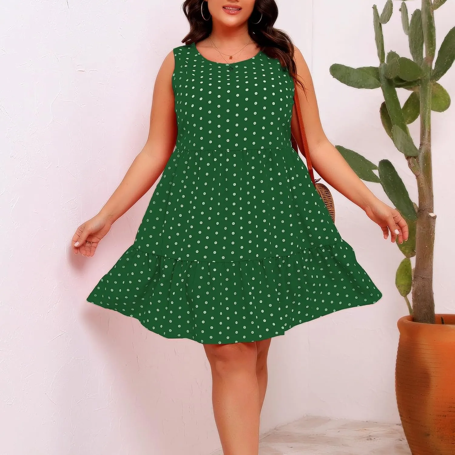 Peplum Dresses for Women Summer Sleeveless Crew Neck Mini Sundress Vintage Polka Dots Print A-Line Flowy Beach Dress