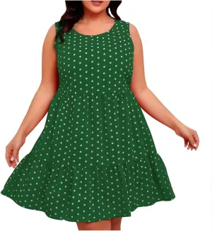 Peplum Dresses for Women Summer Sleeveless Crew Neck Mini Sundress Vintage Polka Dots Print A-Line Flowy Beach Dress