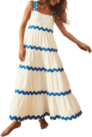 PTOLOCIF Long Dresses for Women Summer Boho Dress Stripe Print Spaghetti Strap Square Neck Shirred Maxi Dress Beach Sun Dress