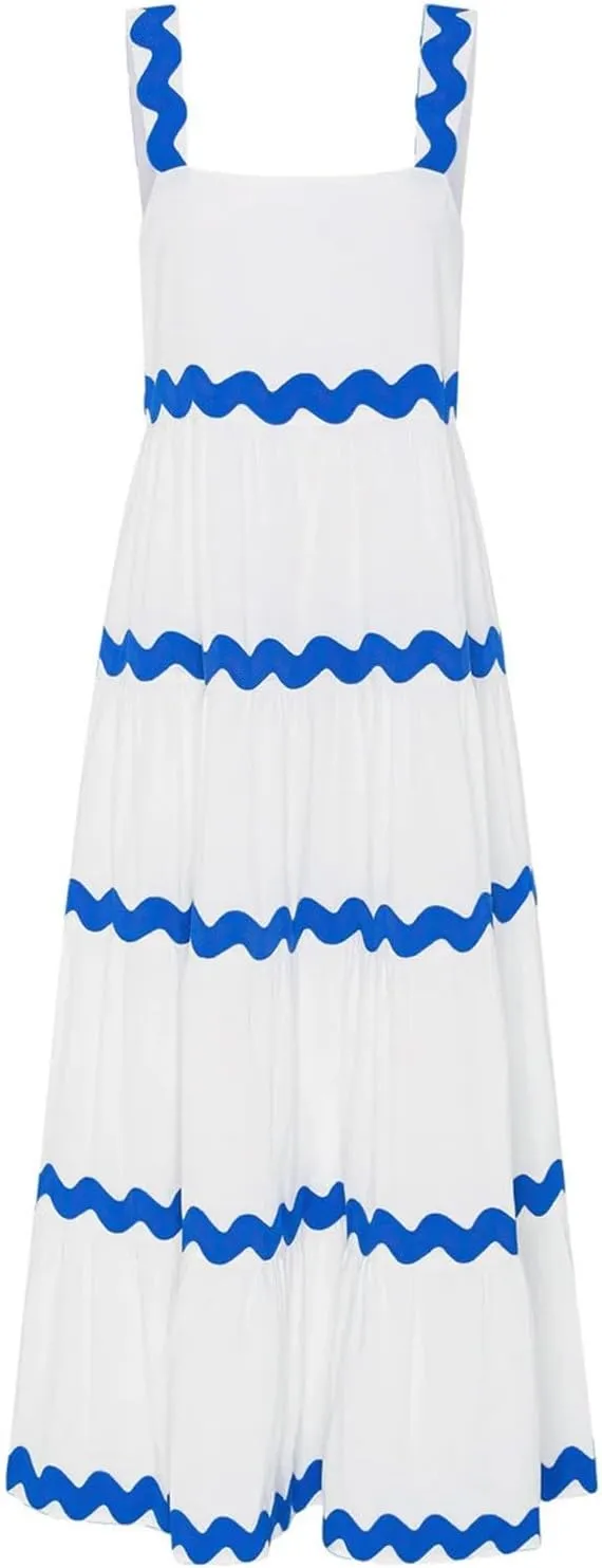 PTOLOCIF Long Dresses for Women Summer Boho Dress Stripe Print Spaghetti Strap Square Neck Shirred Maxi Dress Beach Sun Dress