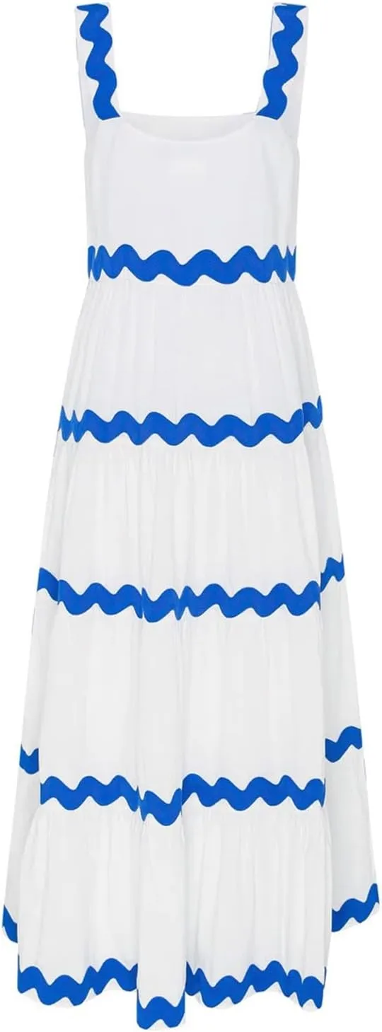 PTOLOCIF Long Dresses for Women Summer Boho Dress Stripe Print Spaghetti Strap Square Neck Shirred Maxi Dress Beach Sun Dress