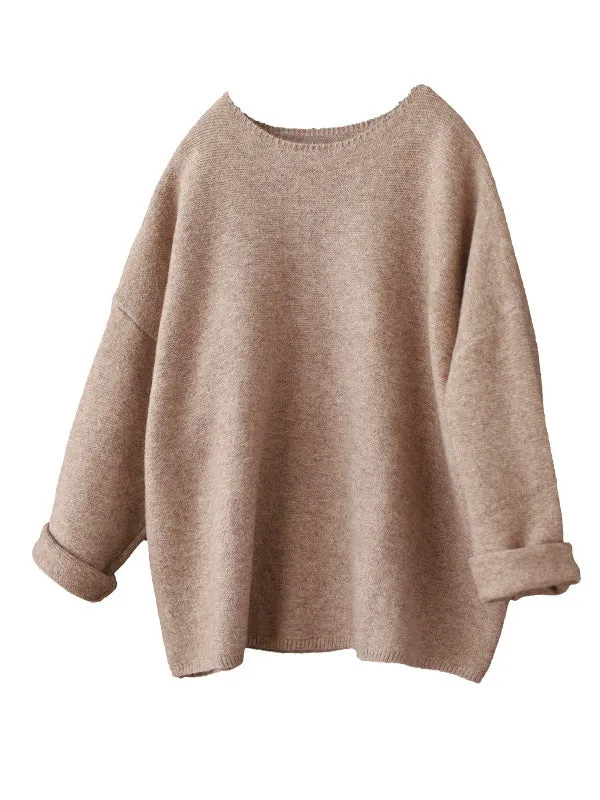 Simple Long Sleeves Loose Solid Color Round-Neck Sweater Tops