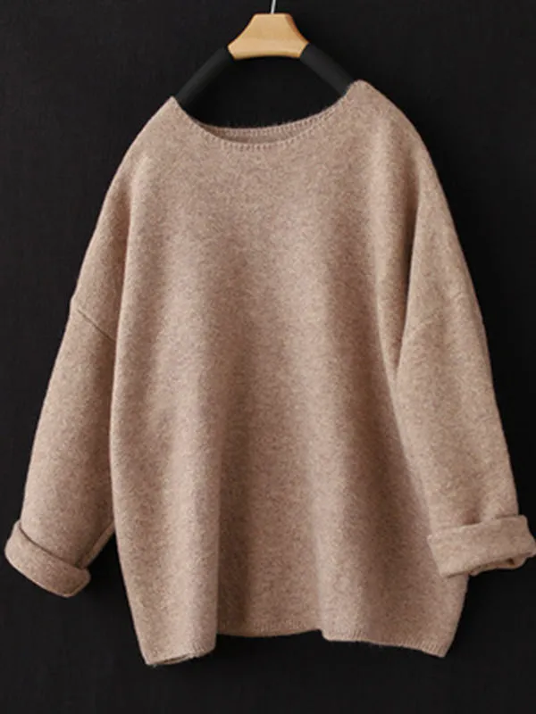 Simple Long Sleeves Loose Solid Color Round-Neck Sweater Tops