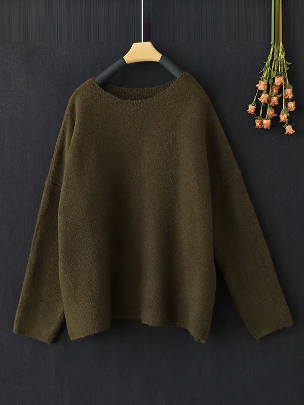 Simple Long Sleeves Loose Solid Color Round-Neck Sweater Tops