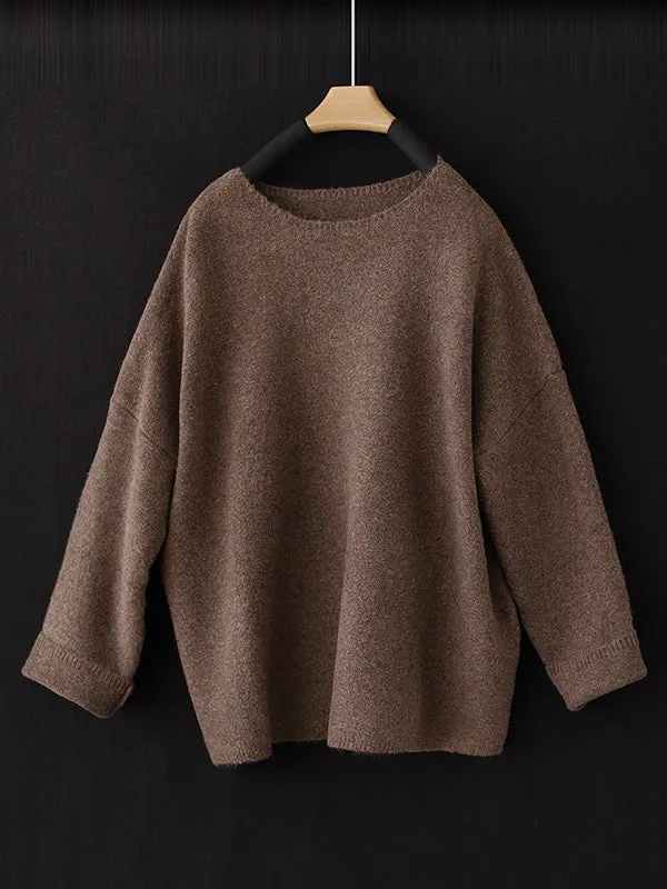 Simple Long Sleeves Loose Solid Color Round-Neck Sweater Tops