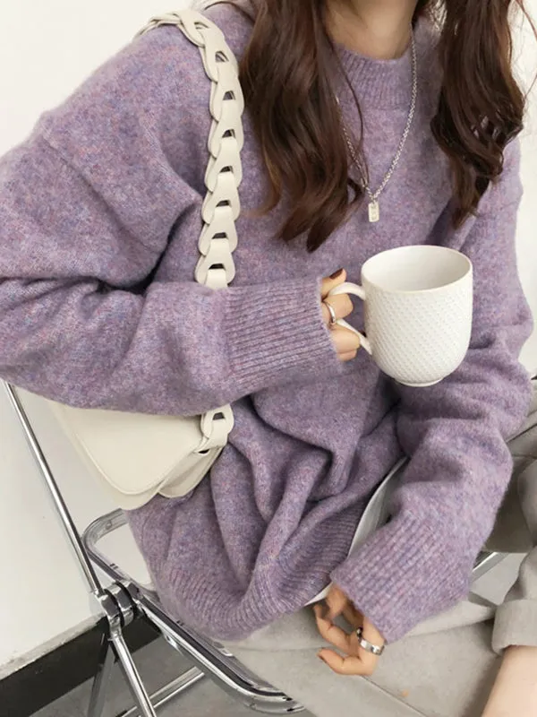 Simple Loose Long Sleeves Round-Neck Sweater Tops Pullovers