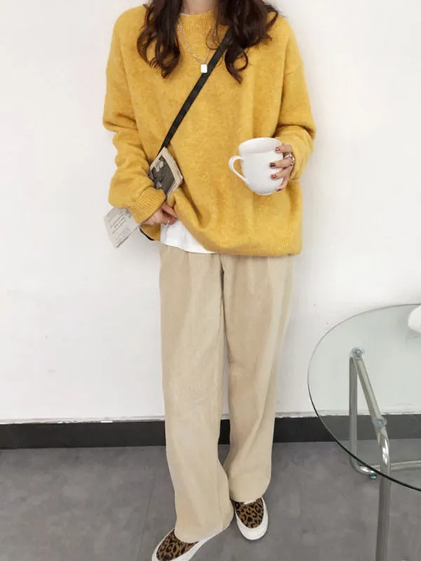 Simple Loose Long Sleeves Round-Neck Sweater Tops Pullovers