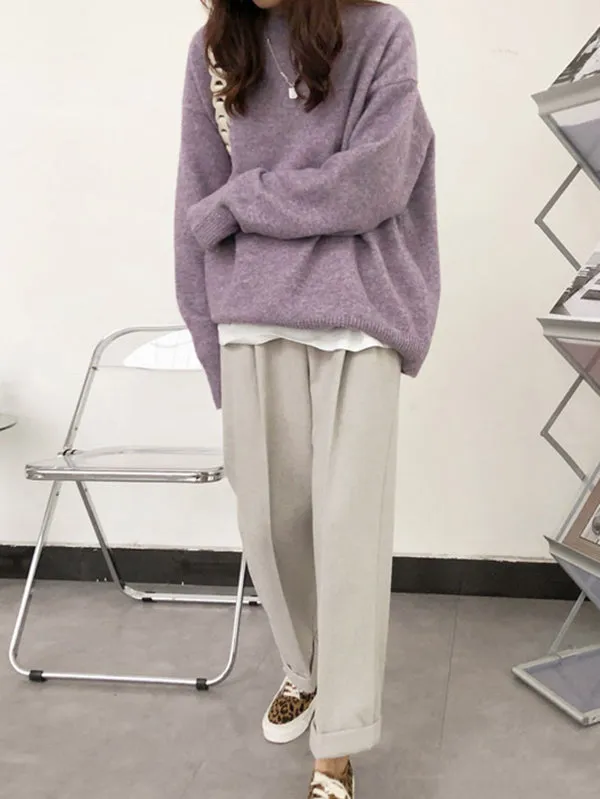Simple Loose Long Sleeves Round-Neck Sweater Tops Pullovers