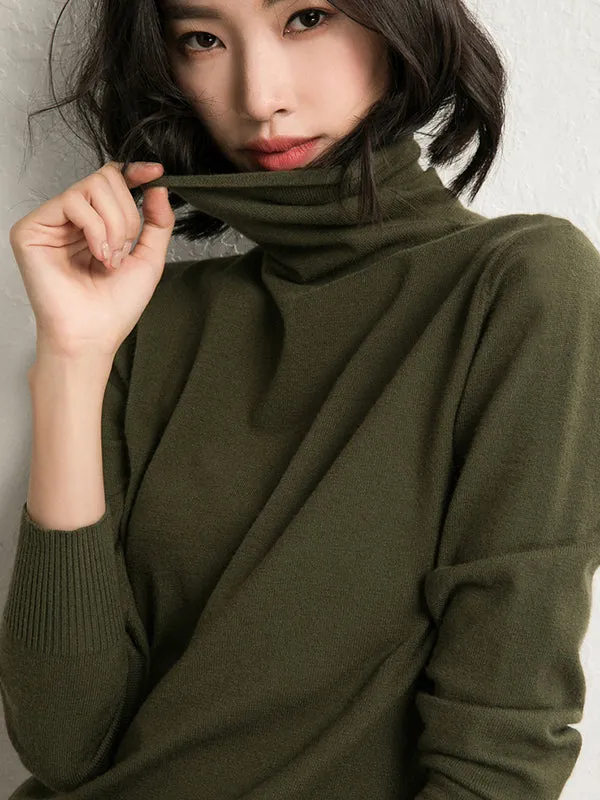 Simple Loose Long Sleeves Solid Color High-Neck Sweater Tops