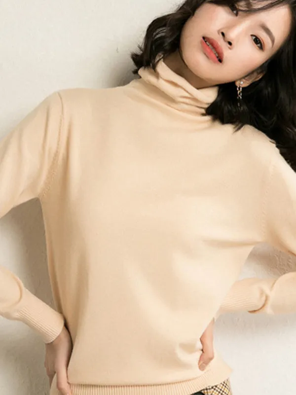Simple Loose Long Sleeves Solid Color High-Neck Sweater Tops