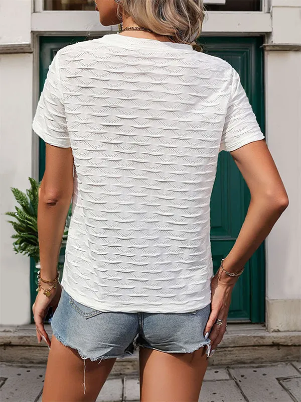 Solid Color Textured Loose Short Sleeves Round-Neck T-Shirts Tops