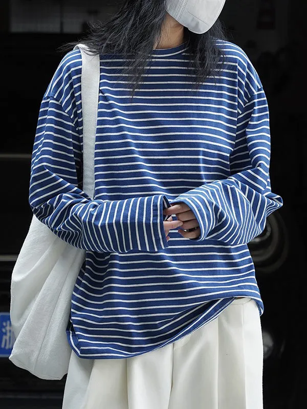 Striped Long Sleeves Round-neck T-Shirts Tops