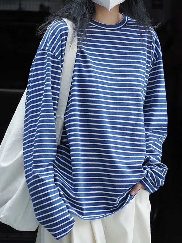 Striped Long Sleeves Round-neck T-Shirts Tops