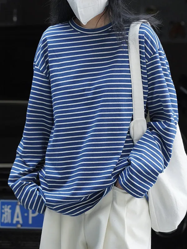 Striped Long Sleeves Round-neck T-Shirts Tops