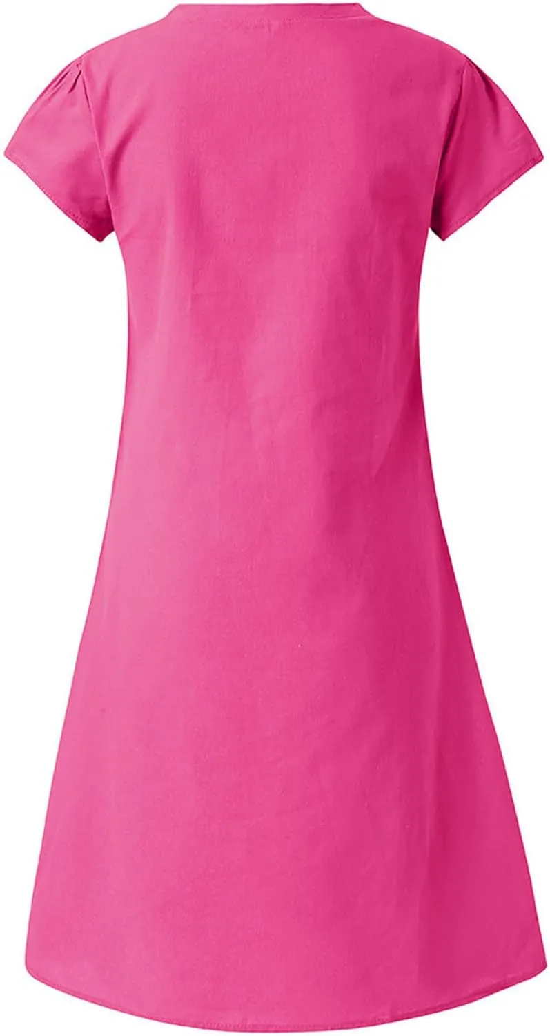 Summer Cotton Linen Dresses Women 2025 Casual Solid V Neck Short Sleeve Dress Slim Beach Vacation Knee Length Dresses