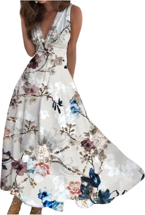 Summer Dresses for Women 2024 Deep V Neck Casual Cute Long Dress Elegant Floral Maxi Dresses Sexy Sleeveless Swing Dress