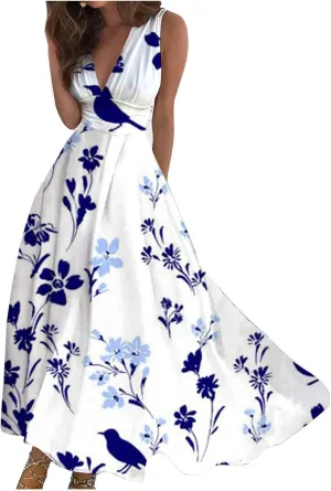 Summer Dresses for Women 2024 Deep V Neck Casual Cute Long Dress Elegant Floral Maxi Dresses Sexy Sleeveless Swing Dress