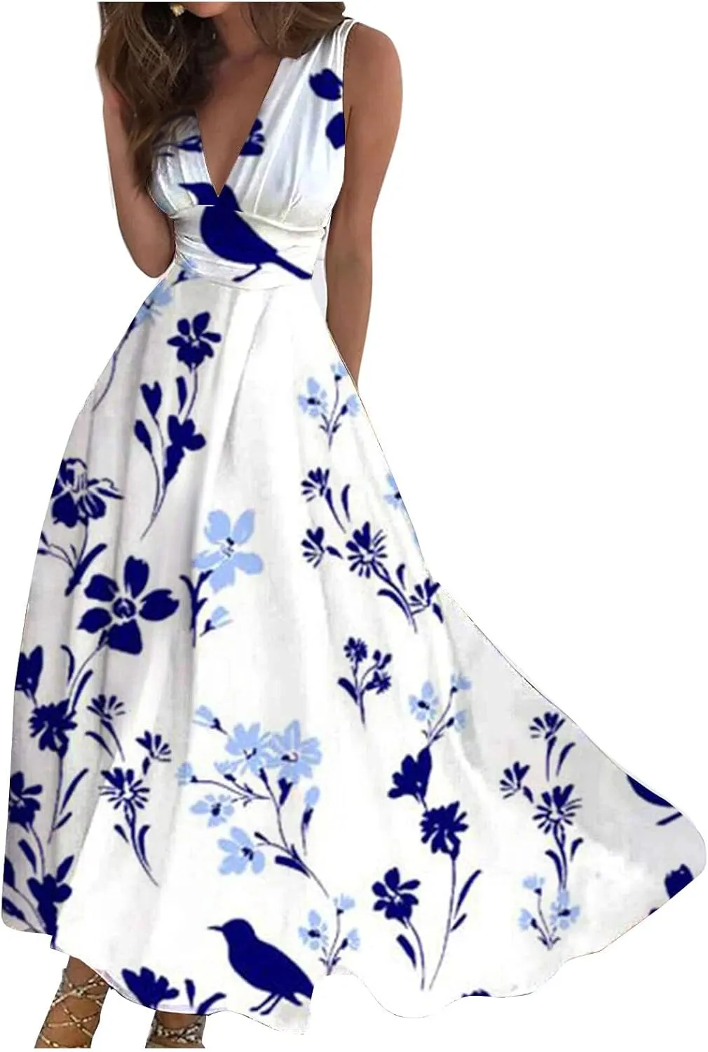 Summer Dresses for Women 2024 Deep V Neck Casual Cute Long Dress Elegant Floral Maxi Dresses Sexy Sleeveless Swing Dress