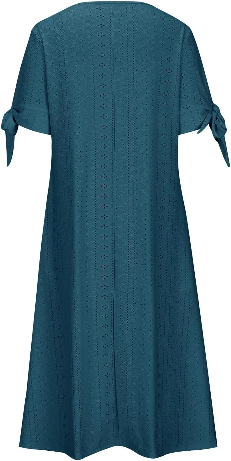 Summer Dresses for Women 2025 Eyelet Tshirt Dress Casual Beach Vacation Sundress V Neck Maxi Dress
