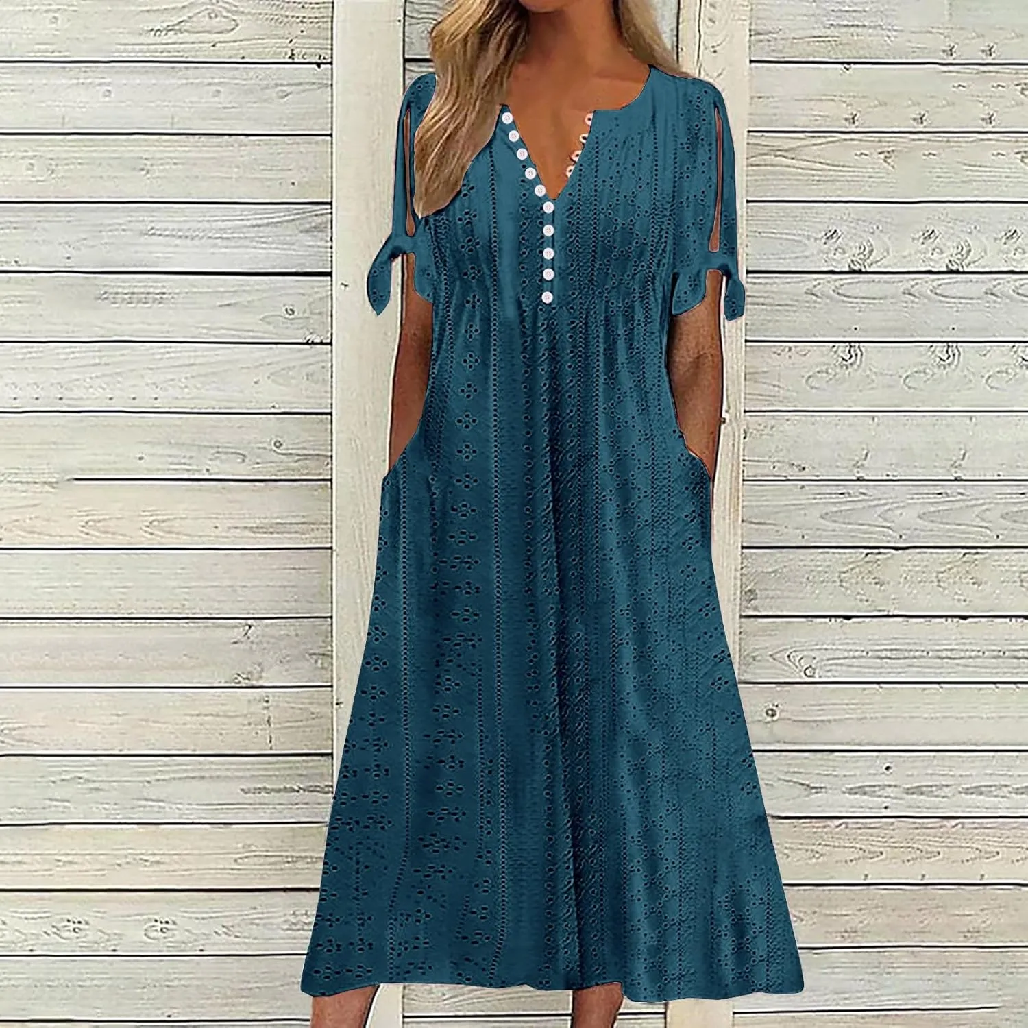 Summer Dresses for Women 2025 Eyelet Tshirt Dress Casual Beach Vacation Sundress V Neck Maxi Dress