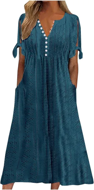 Summer Dresses for Women 2025 Eyelet Tshirt Dress Casual Beach Vacation Sundress V Neck Maxi Dress