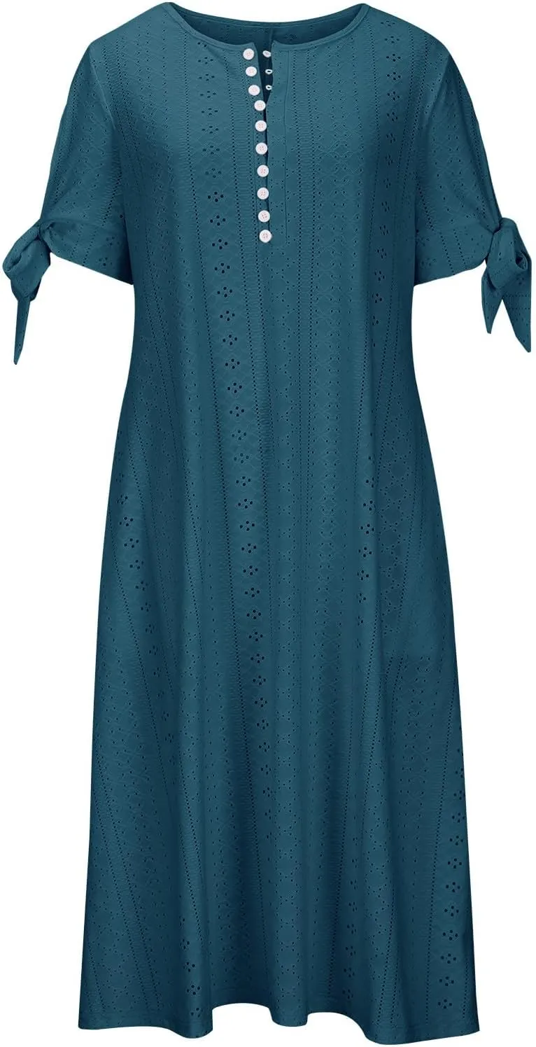 Summer Dresses for Women 2025 Eyelet Tshirt Dress Casual Beach Vacation Sundress V Neck Maxi Dress