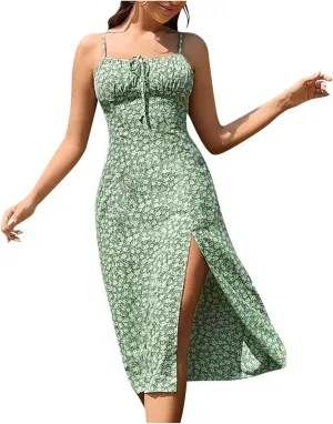 Sundresses for Women 2024 Sexy Boho Spaghetti Strap Polka Dot Tank Dress Flowy High Side Split Long Maxi Dresses