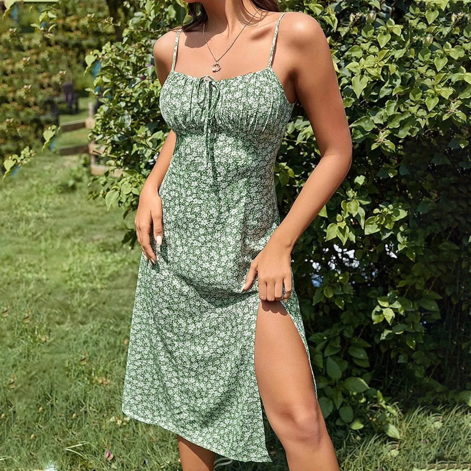 Sundresses for Women 2024 Sexy Boho Spaghetti Strap Polka Dot Tank Dress Flowy High Side Split Long Maxi Dresses