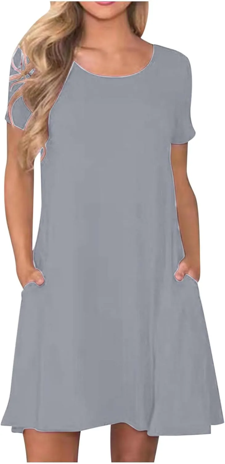 TARIENDY Mini Dresses for Women Summer Flowy Sundress 2025 Casual Beach Dress Short Sleeve Vacation Outfits with Pockets