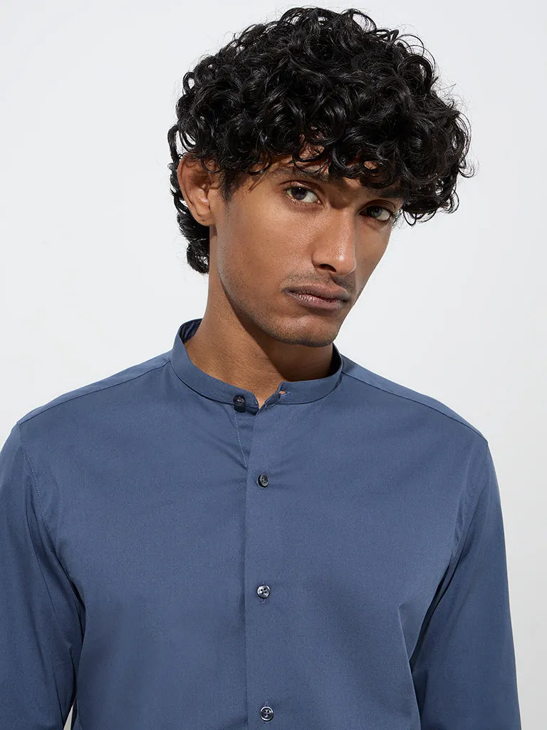 WES Formals Blue Solid Ultra Slim-Fit Cotton-Blend Shirt