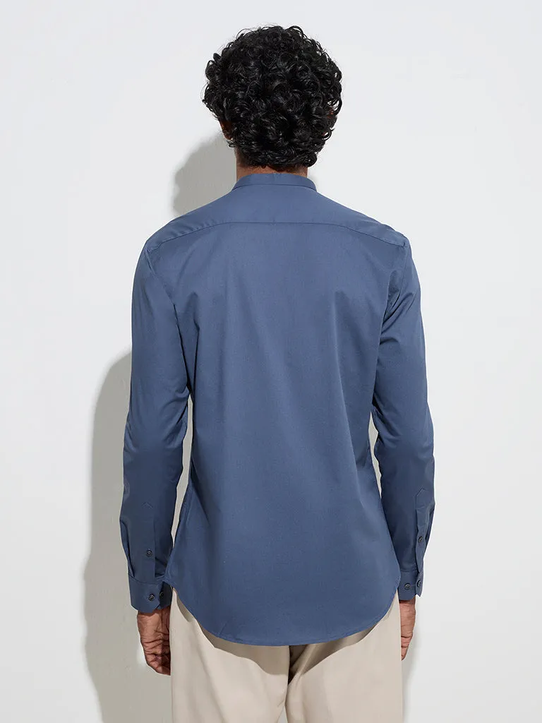 WES Formals Blue Solid Ultra Slim-Fit Cotton-Blend Shirt