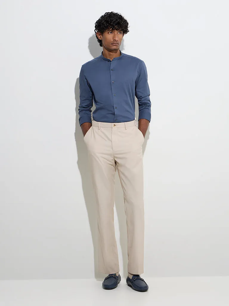 WES Formals Blue Solid Ultra Slim-Fit Cotton-Blend Shirt