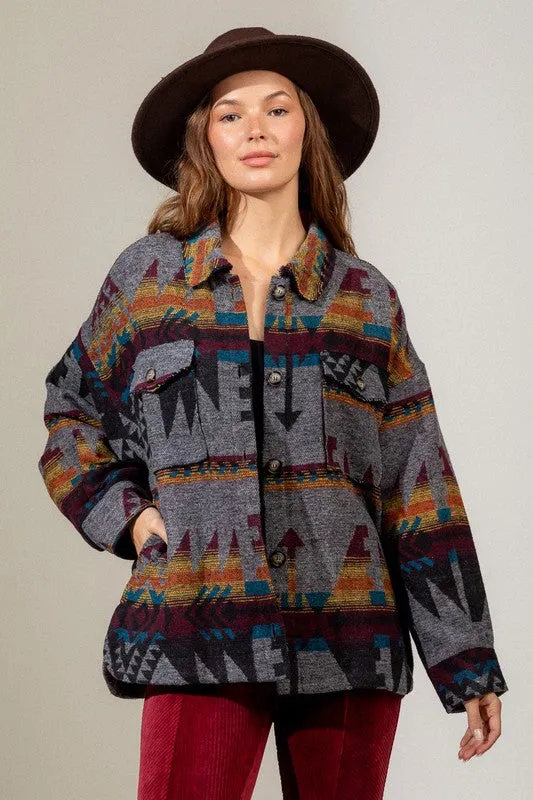Western Sunset Black Mix Aztec Shacket (Size Small)