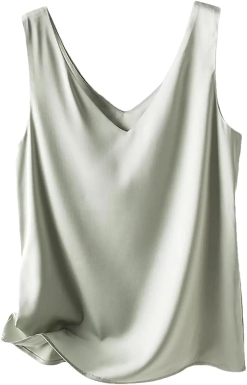 Women Casual Solid Satin Silk Vest Tops Summer V-Neck Thin Sleeveless Camisole Shirt